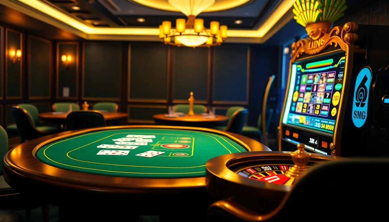Experience the excitement at Nhà cái GACAM888 with a vibrant online casino scene featuring a poker table and roulette.