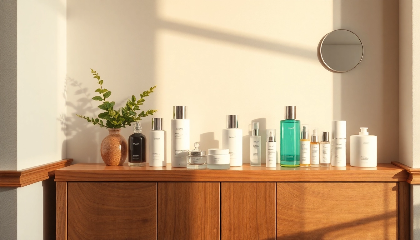 Entdecken Sie hochwertige Gesichtspflege online kaufen mit stilvollen Produkten auf einem eleganten Regal.
