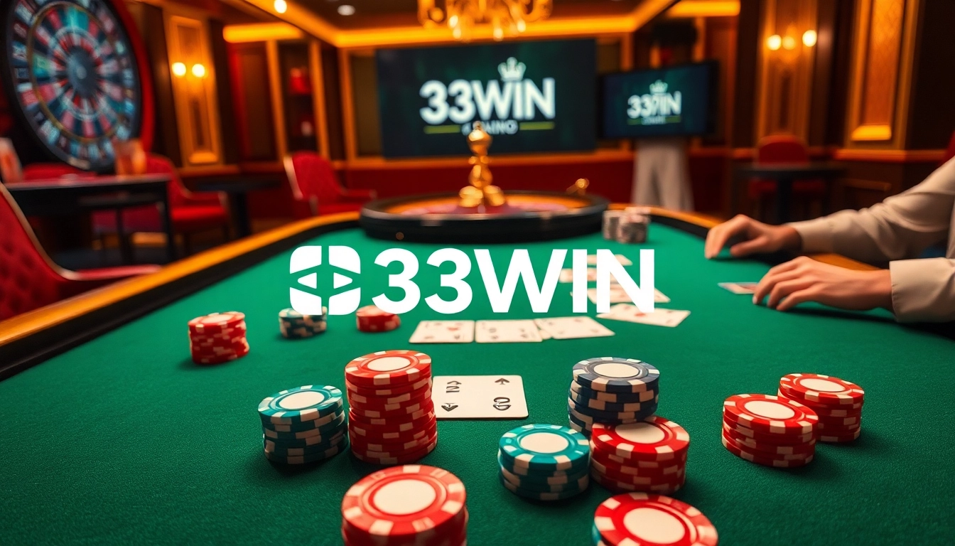 Engaged players at a 33WIN themed casino table, showcasing high-stakes excitement and strategy.