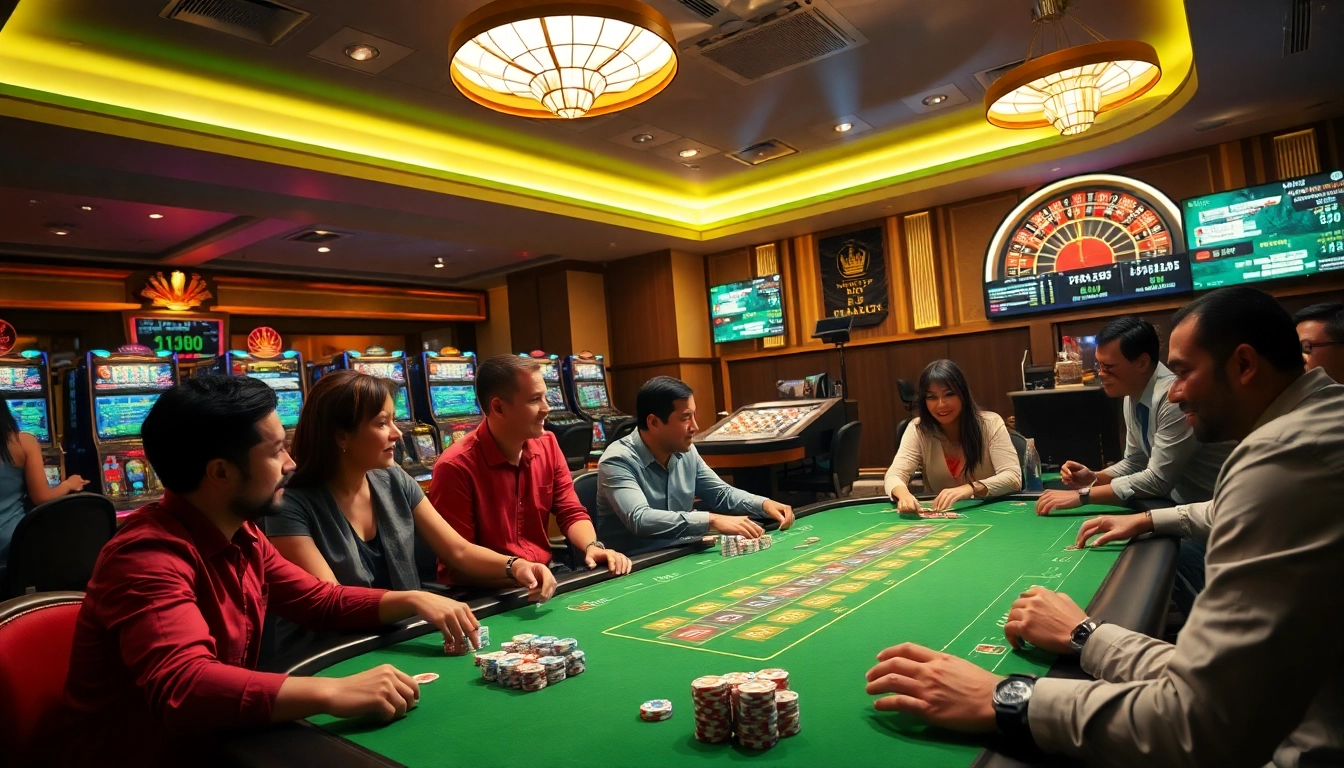 Players engaging in thrilling card games and slots at rr88 casino, showcasing excitement and luxury.