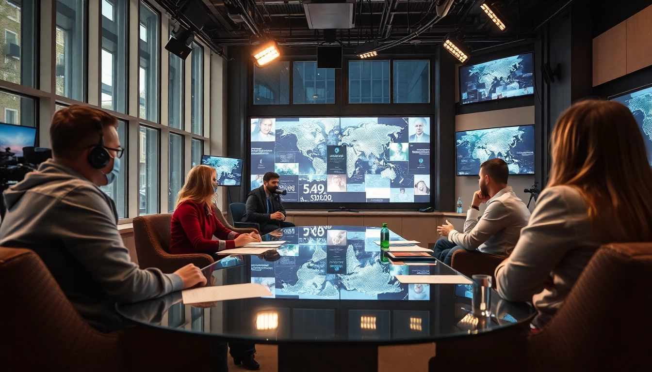 Journalisten diskutieren lebhaft internationale Nachrichten in einer modernen Redaktionsumgebung.