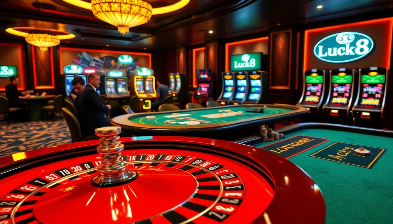 Luck8 casino scene showcasing vibrant roulette and exciting poker action.