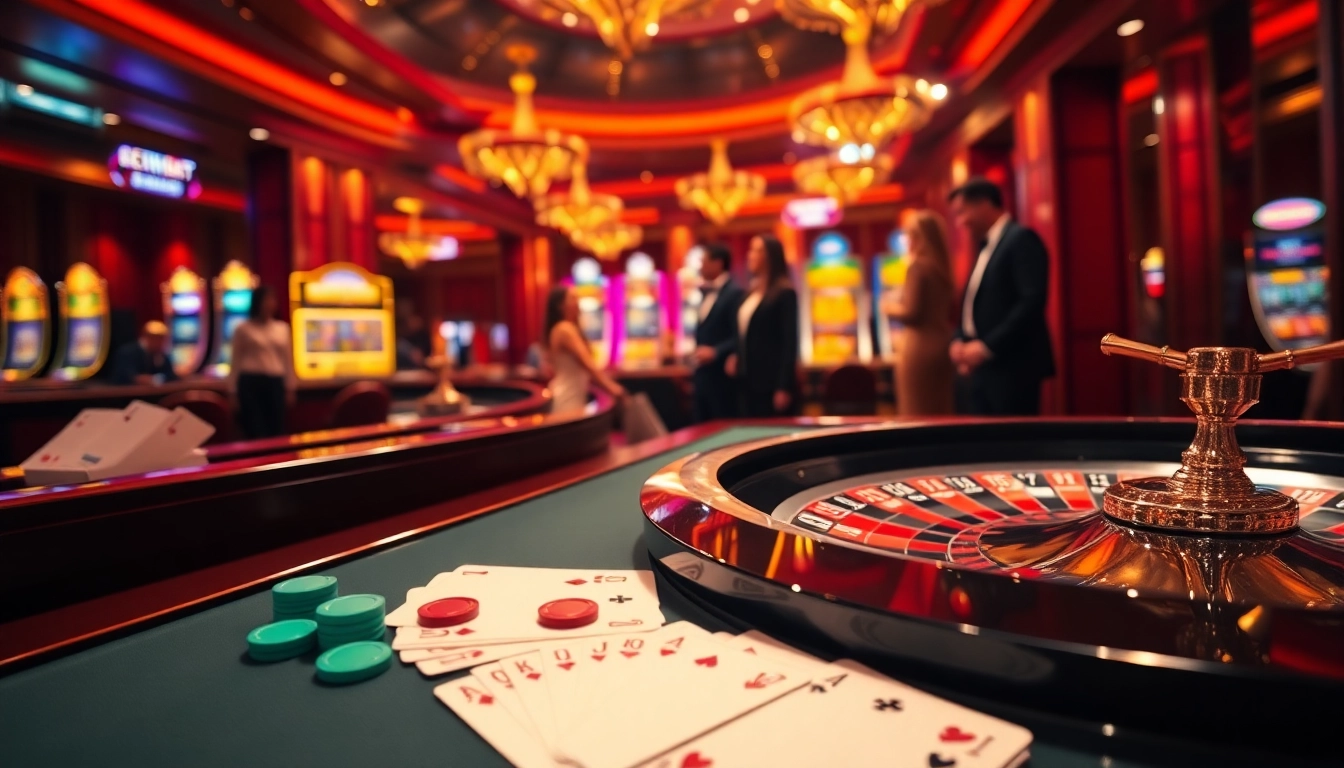 Exciting casino scene with roulette wheel, slot machines, and cards at https://6666bett.com.br highlighting thrilling gameplay.