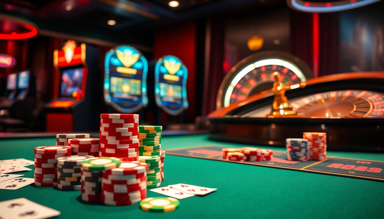 Experience the excitement of home eejl with an elegant casino scene featuring lively tables, cards, and chips.