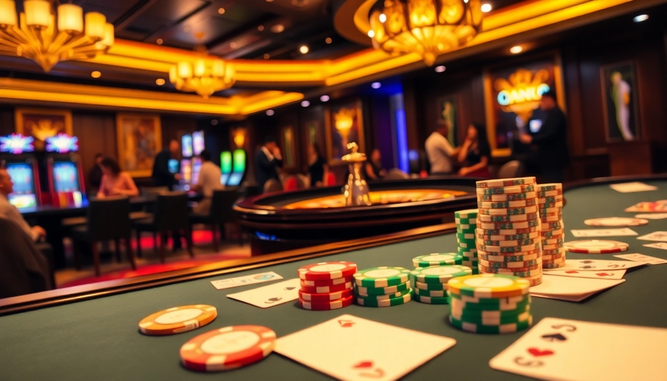 Engaging gamblers at Trang chủ DH88 with vibrant casino visuals featuring lights, cards, and exciting gameplay.