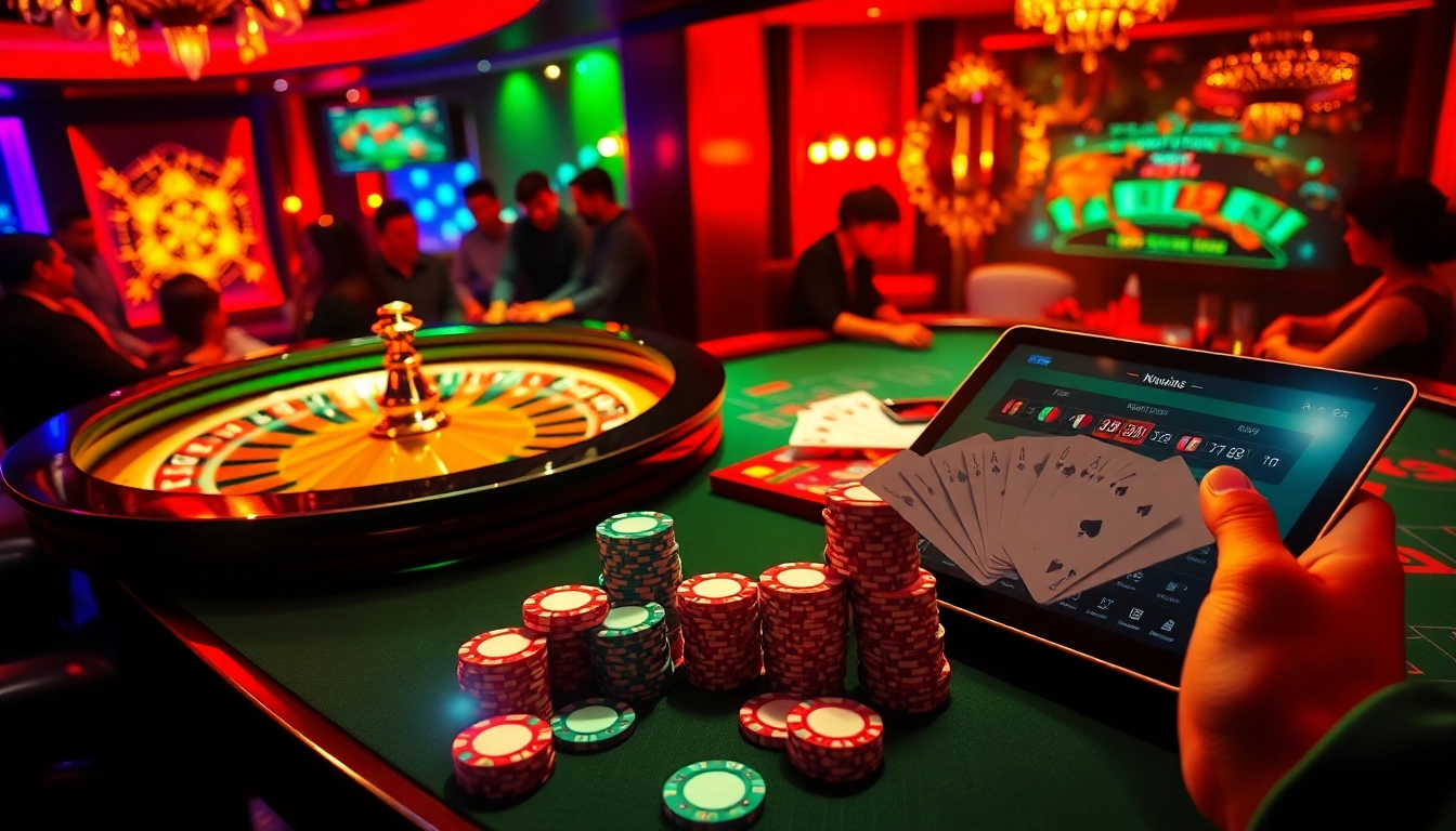 Witness thrilling gameplay at https://9bet.buzz/ with a vibrant casino scene featuring roulette, cards, and excited players.
