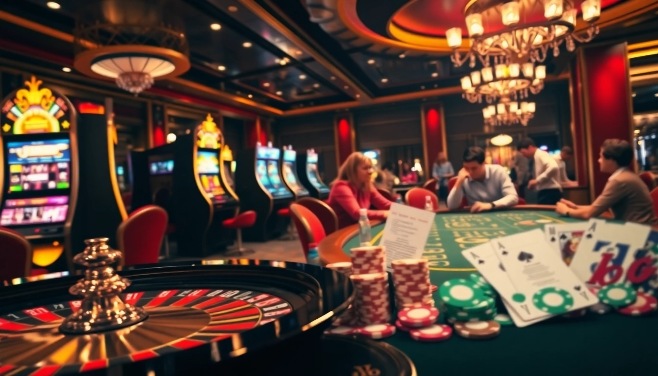 Engaging scene of casino excitement showcasing gameplay elements from https://lode88uk.com/ including roulette, poker, and slot machines.