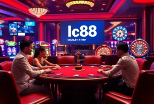Gambling at lc88 with elegant players at a poker table in a luxury casino setting.