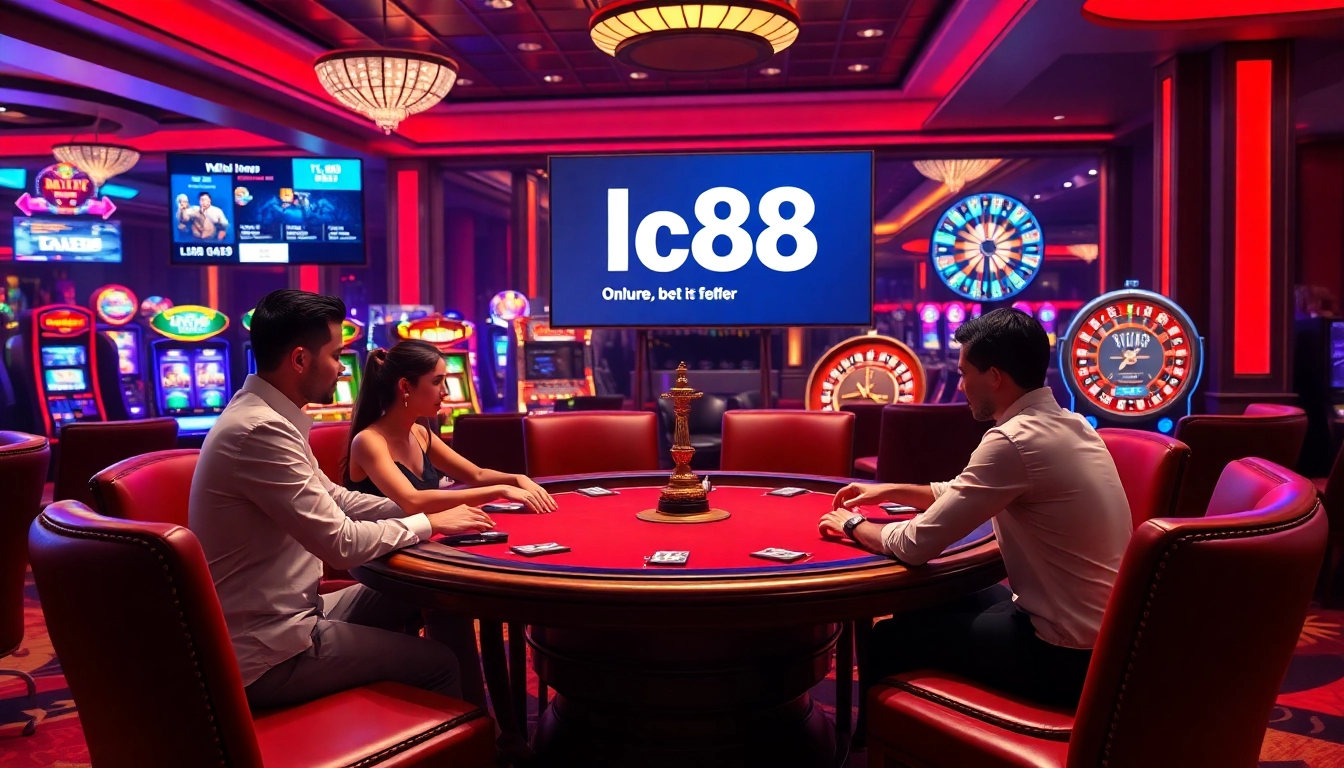 Gambling at lc88 with elegant players at a poker table in a luxury casino setting.