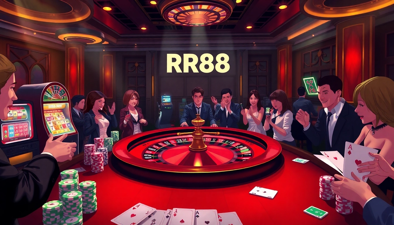 Excited players engaging in high-stakes games at the RR88 casino.