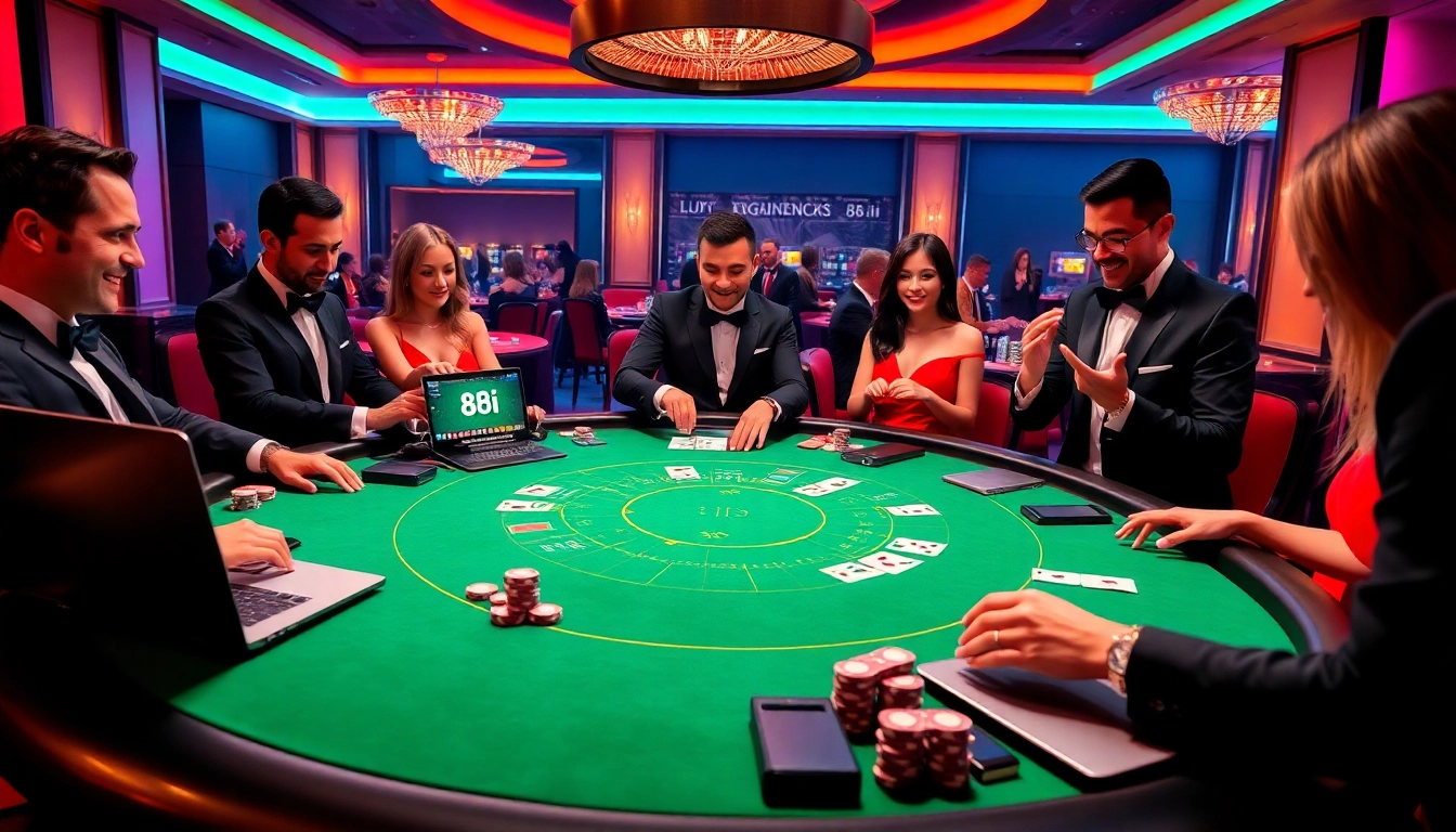 Engaging players at a luxurious casino table celebrating wins, featuring the link 88i prominently.