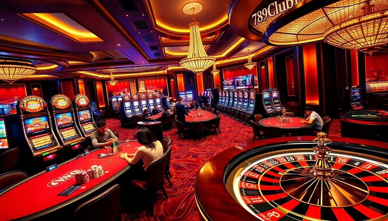 Experience high-stakes gaming at 789club with players at poker tables and vibrant slot machines.