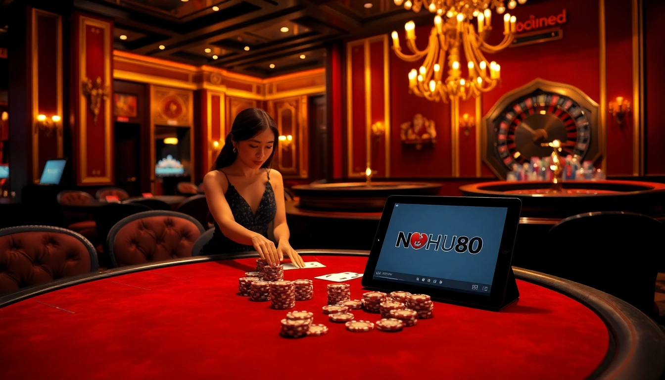 Experience the thrill of NOHU90 with a stylish casino poker setup featuring chips and cards.