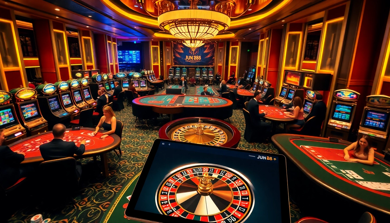 Gambling excitement at Jun 88 with poker tables and vibrant slot machines.