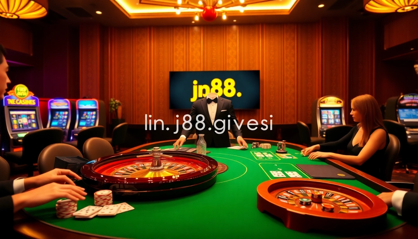 Engage with high-stakes excitement at https://j88.gives/ with professional dealers and players at a vibrant casino table.