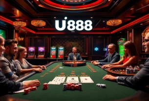 Experience the excitement of U888's casino atmosphere with poker chips, cards, and roulette.