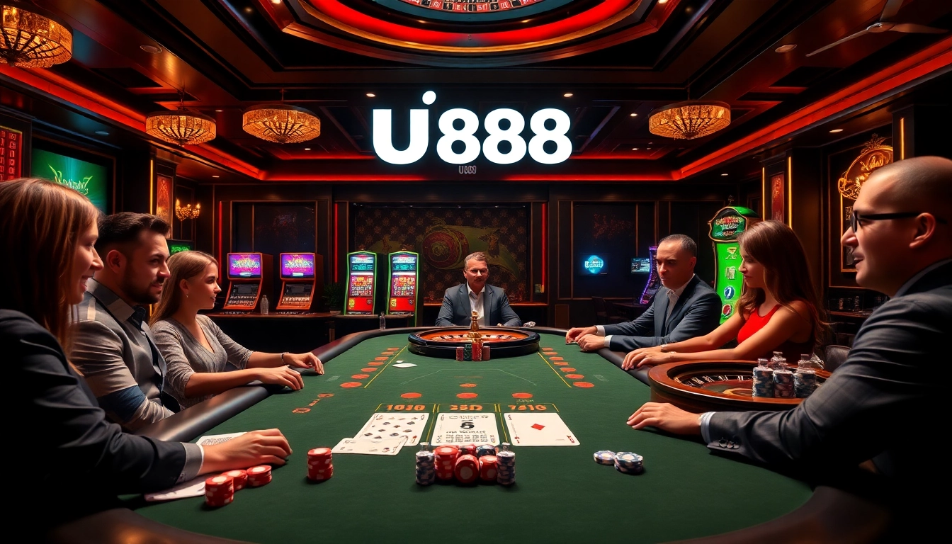 Experience the excitement of U888's casino atmosphere with poker chips, cards, and roulette.