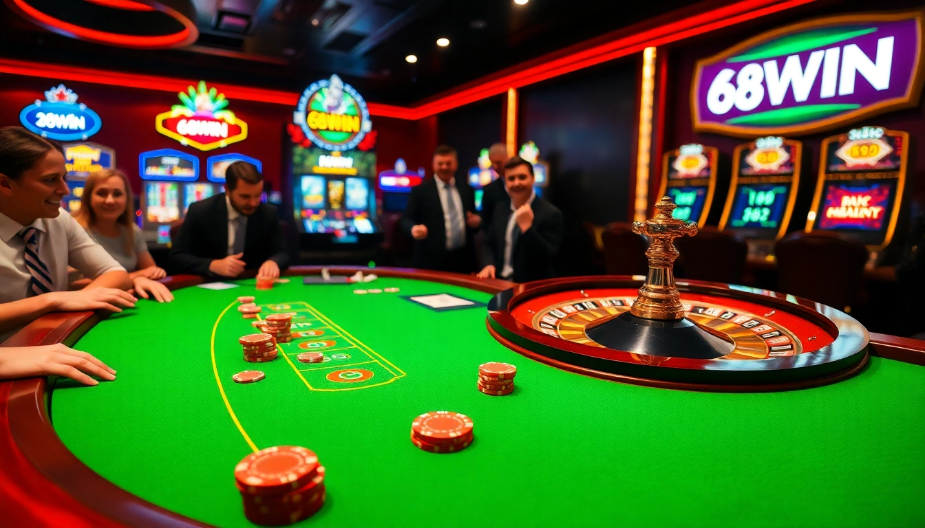 Exciting poker table action at 68WIN casino showcasing vibrant chips and a roulette wheel.