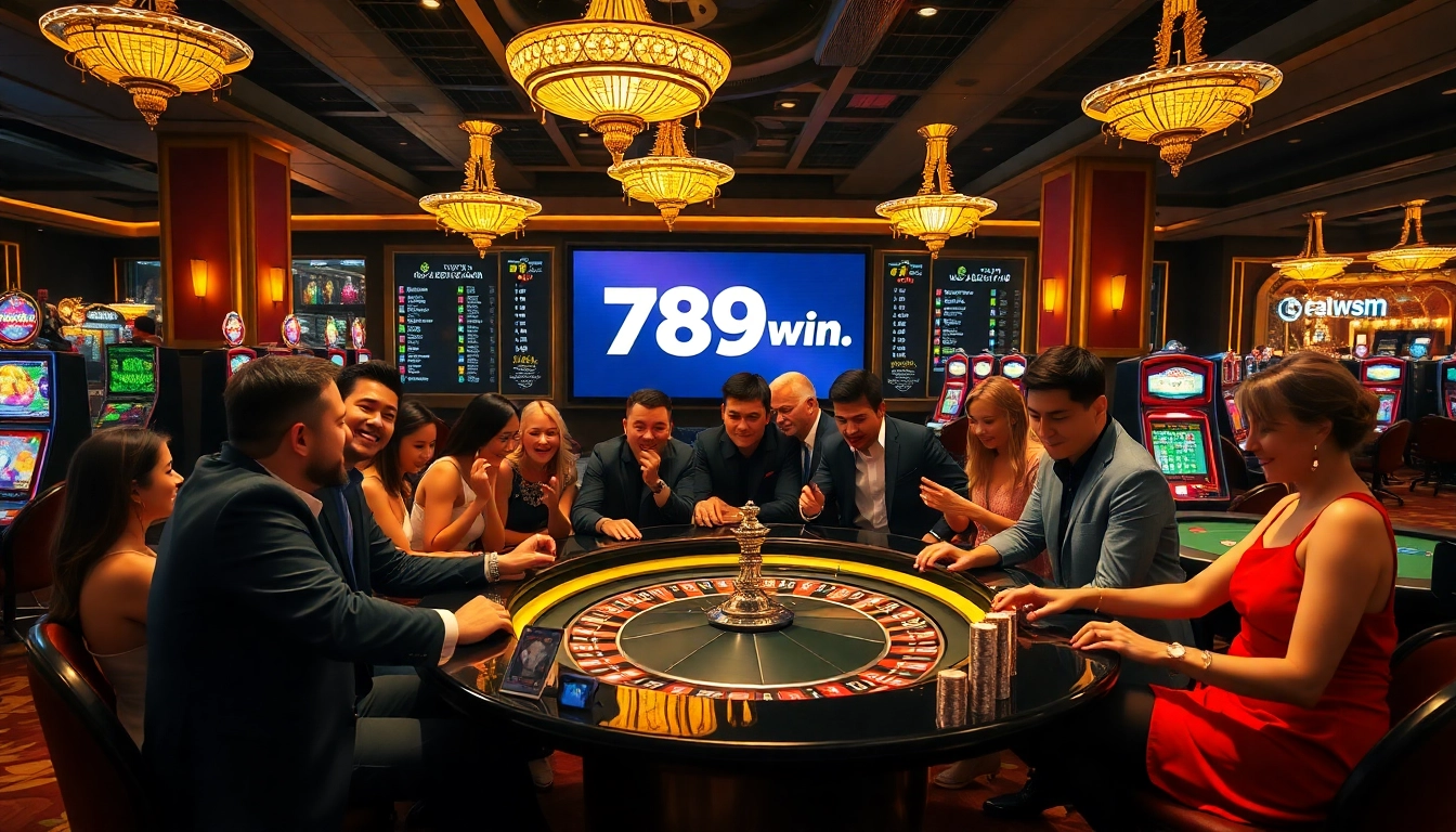 Gambling excitement at 789win com roulette table with players and vibrant slot machines.