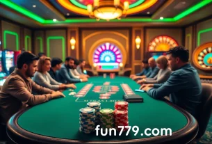 Experience the thrill of poker at fun79 com with vibrant gaming elements and luxury.