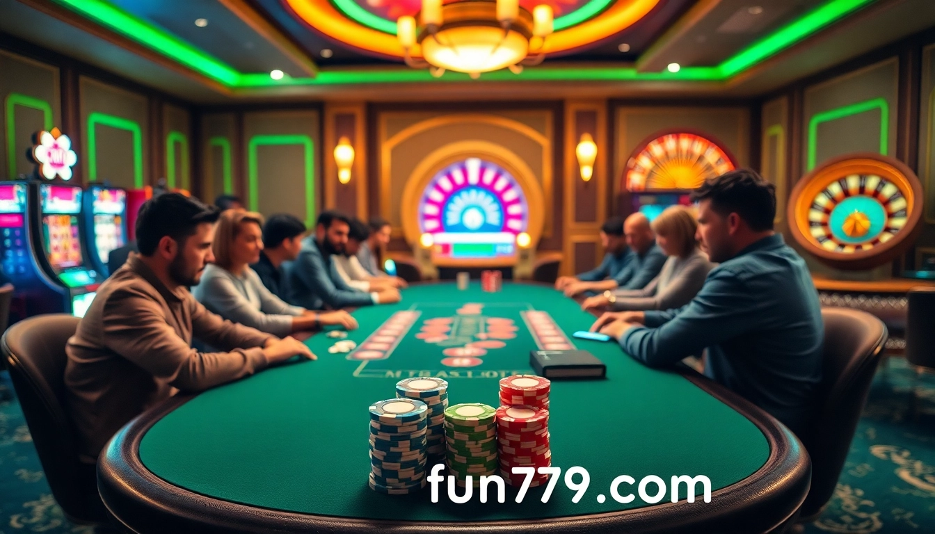 Experience the thrill of poker at fun79 com with vibrant gaming elements and luxury.