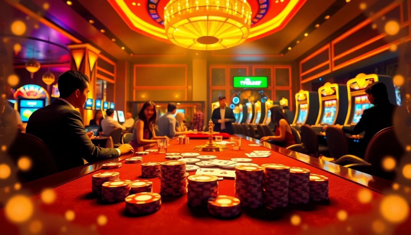 Experience the excitement at the Trang chủ DH88 casino with vibrant games, poker tables, and spinning roulette wheels.