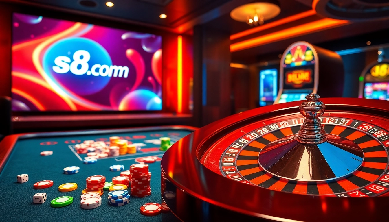 Experience the thrilling action at s8.com with vibrant casino gaming tables and slot machines.