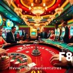 Gamble at https://f8bet.ventures/: Exciting players engaged in poker and roulette in a luxurious casino.