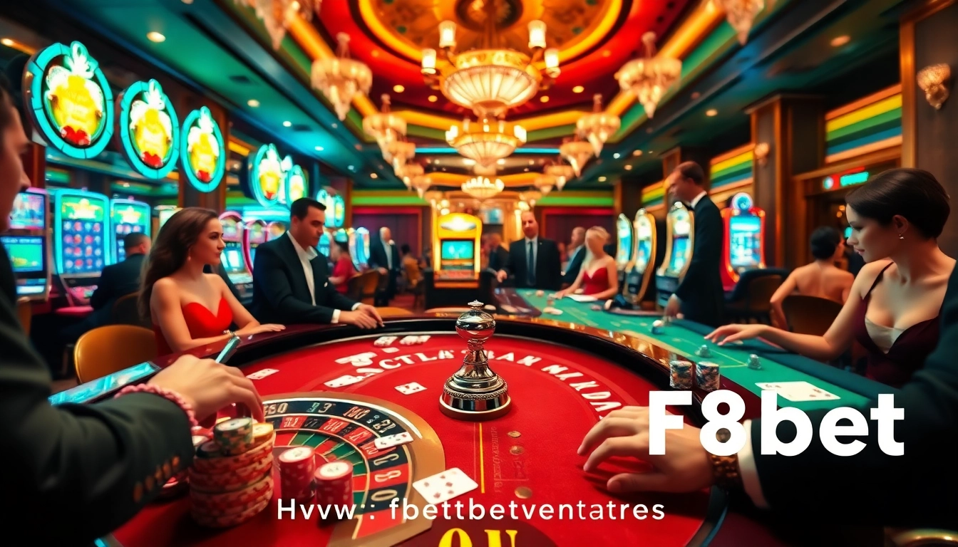 Gamble at https://f8bet.ventures/: Exciting players engaged in poker and roulette in a luxurious casino.
