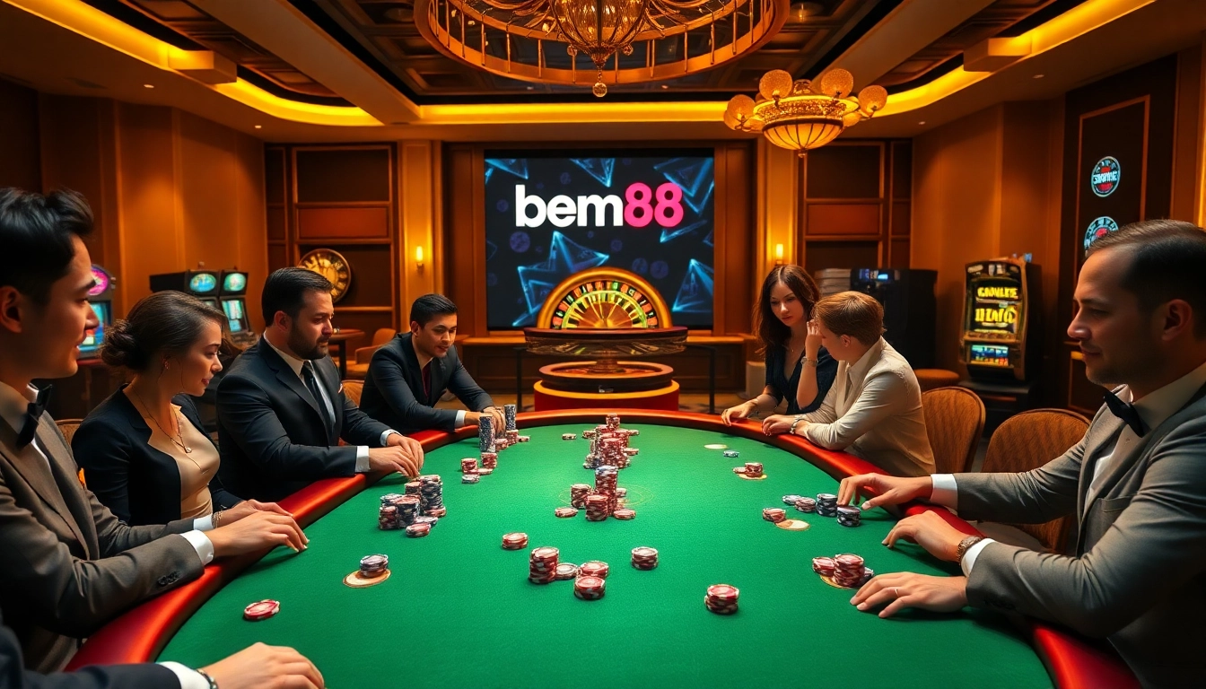 Experience the excitement of bem88 as players engage in high-stakes poker at a luxurious casino.