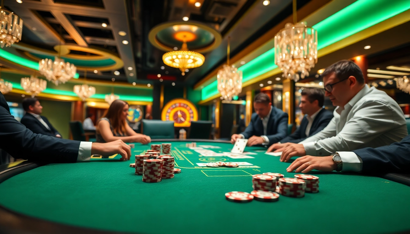 Exciting poker game at a luxurious casino showcasing 88i nhà cái with vibrant colors and ambiance.