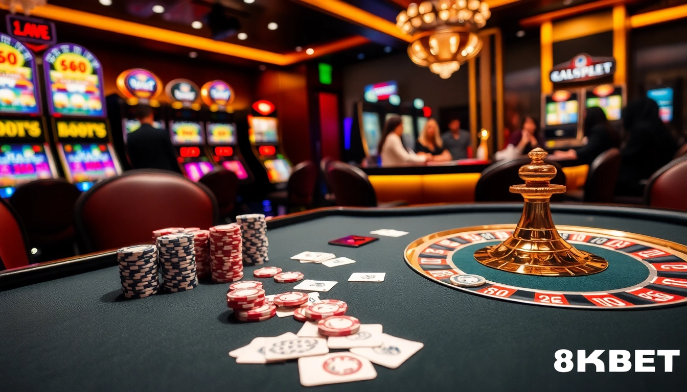 Experience high-stakes betting at 8KBET's luxurious casino atmosphere with vibrant poker tables.