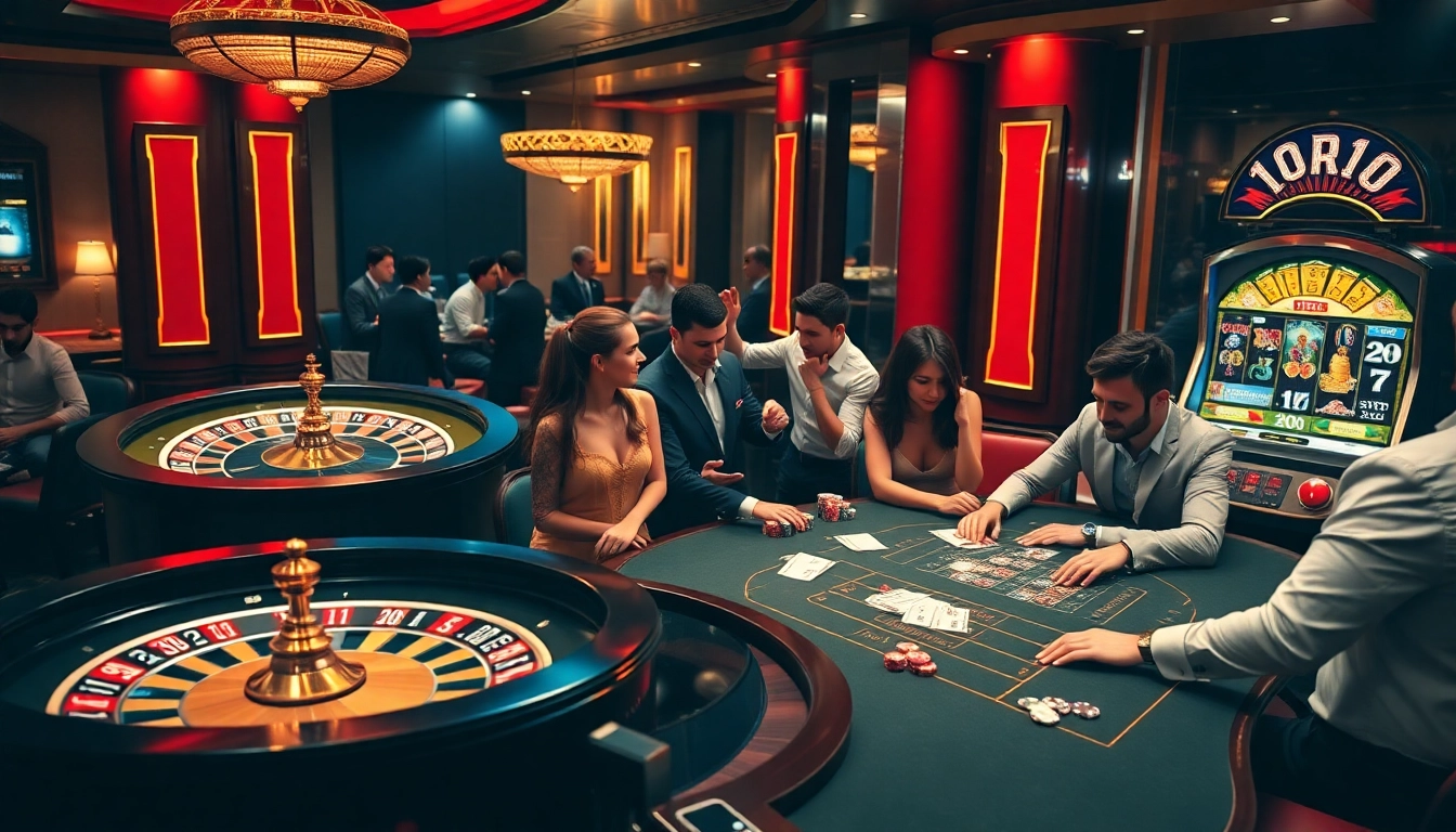 Một nhóm người chơi đang tận hưởng trò chơi tại một sòng bạc cao cấp trong khi khám phá các ưu đãi tại https://luck8.com.