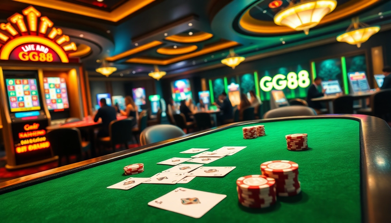 Experience the thrill of GG88 with vibrant casino gameplay featuring poker chips and a roulette wheel.