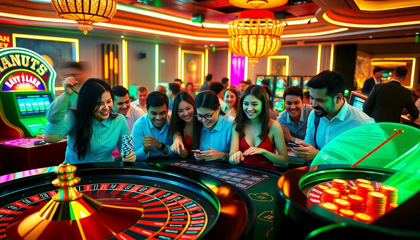 Engaged players enjoying vibrant casino games on https://siu88.best/ with roulette wheels, poker chips, and slot machines.