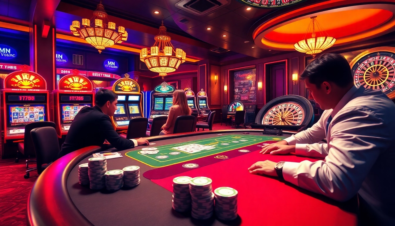 Experience thrilling gambling at MM 88 with active poker games, luxurious tables, and vibrant casino lights.
