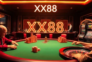 Players engaging in high-stakes poker at XX88 Casino, showcasing excitement and luxury.