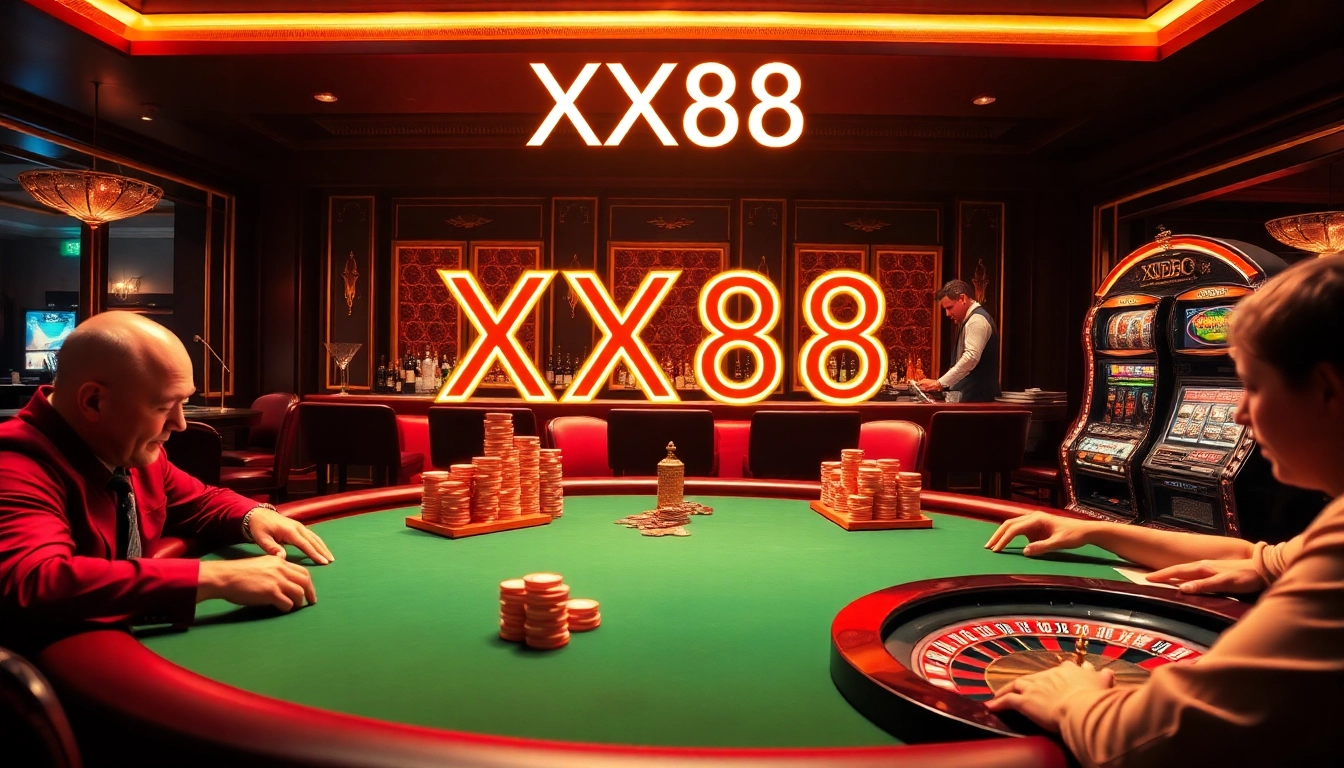 Players engaging in high-stakes poker at XX88 Casino, showcasing excitement and luxury.