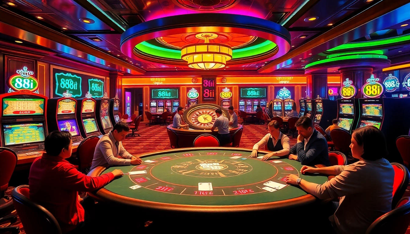 Players enjoying poker at a luxurious casino featuring the 88i logo prominently.