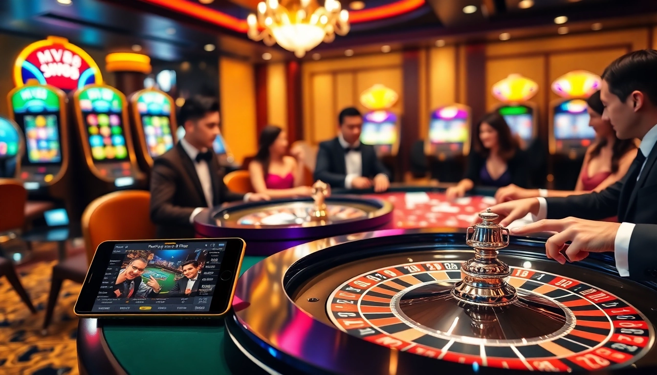 Excited players strategizing at the MV88 casino table, with vibrant chips and cards.