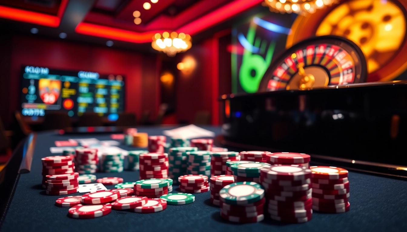 Gamblers enjoying a poker game at nhà cái uu88 casino with vibrant chips and high-stakes atmosphere.