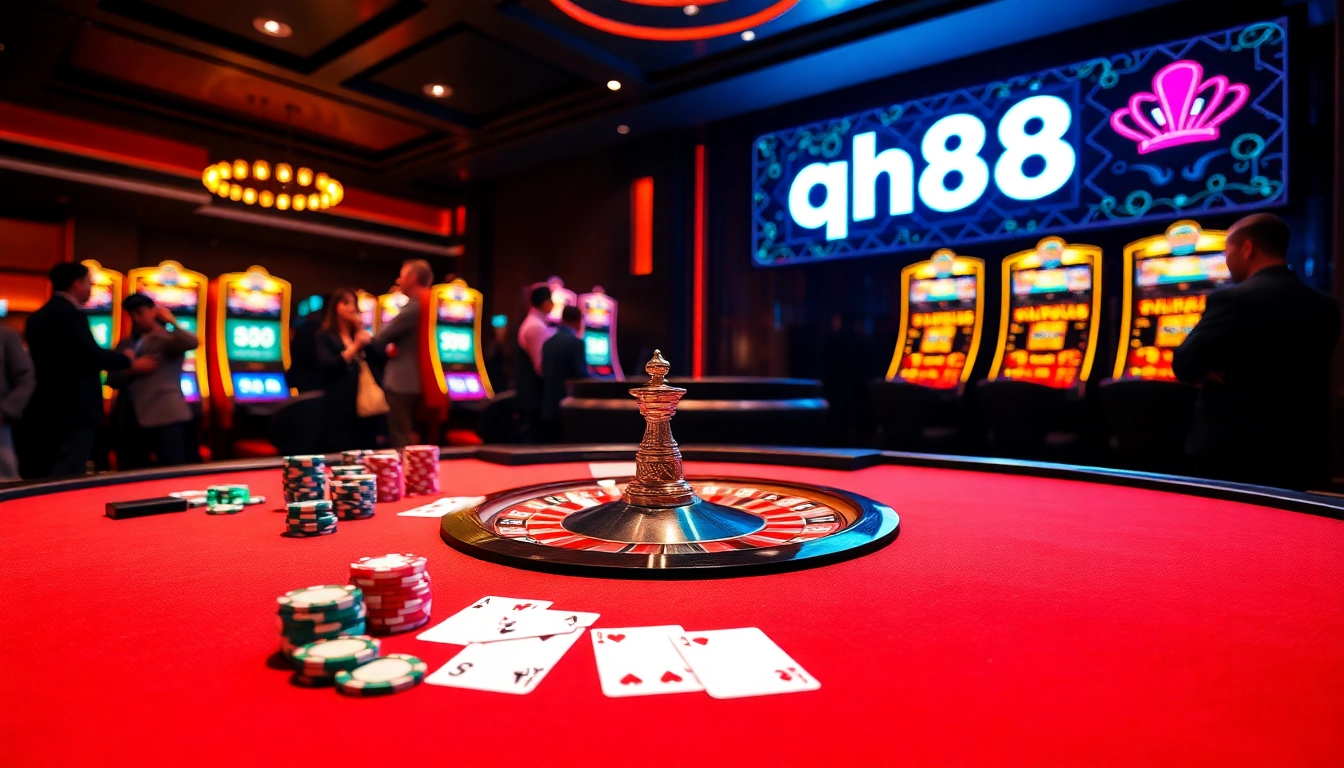 Exciting scene from QH88 casino with poker game setup and roulette wheel.