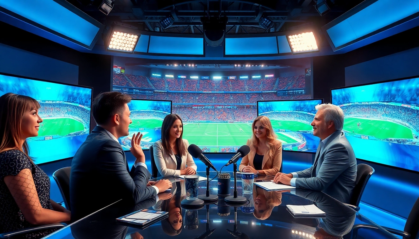 Sports Broadcasting team discussing live events in a vibrant, professional studio setting.