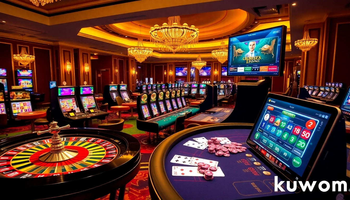 Kuwin.com showcases an exciting casino atmosphere with vibrant tables, poker chips, and slot machines.