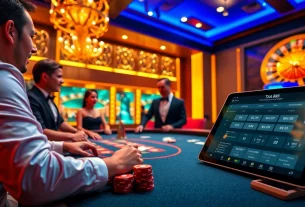 Experience the excitement of trang chủ Ta88 with players enjoying blackjack and roulette in a luxurious casino.