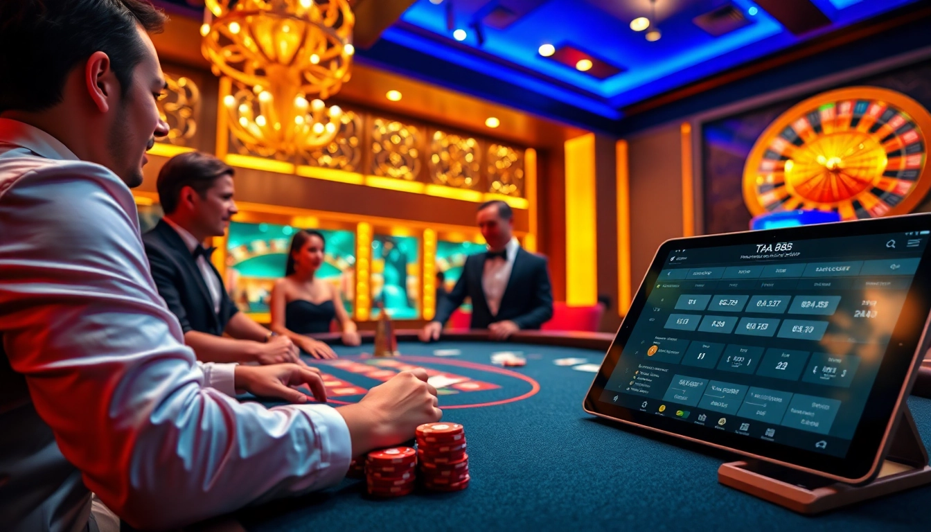 Experience the excitement of trang chủ Ta88 with players enjoying blackjack and roulette in a luxurious casino.