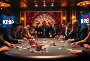 Exciting KP88 casino scene with poker chips, cards, and roulette wheel.