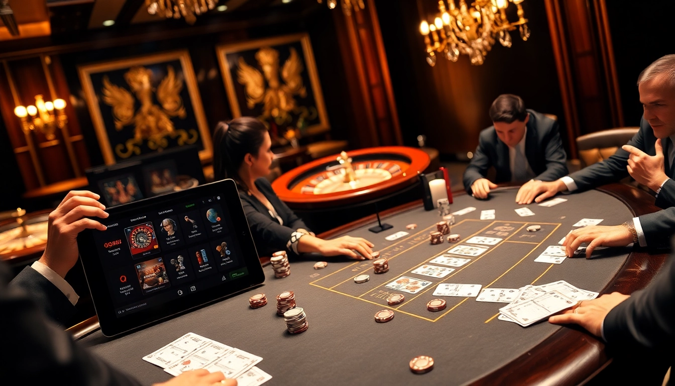 Players passionately engaging in poker at QQ88's luxury casino table.