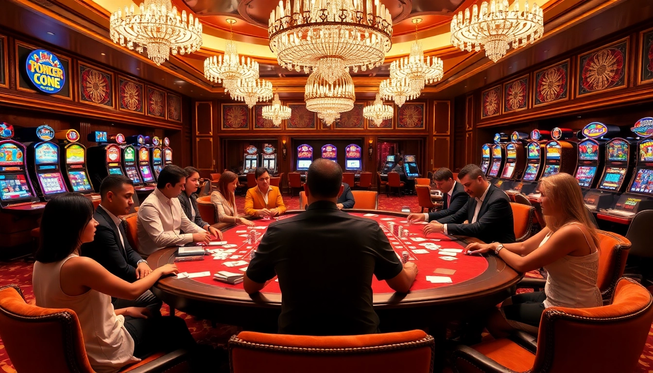 Engaging poker players and vivid slot machines represent the thrill of tylekeo.asia gambling action.