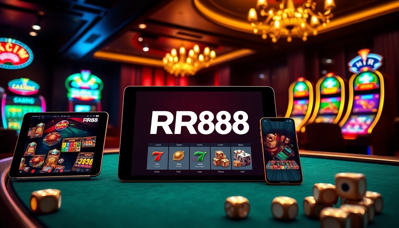 Experience RR88's vibrant casino atmosphere with polished poker tables and glowing slot machines.